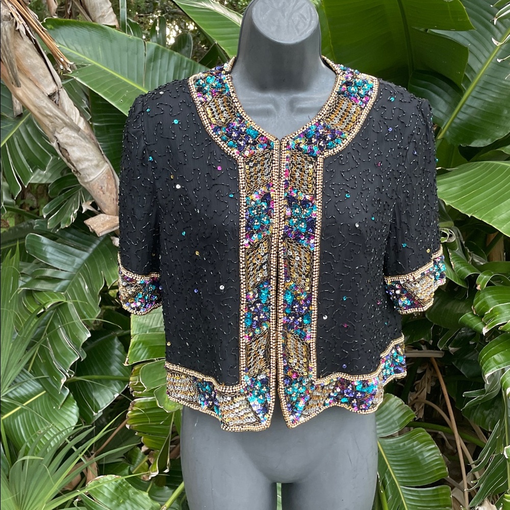 beaded and sequin crop silk jacket